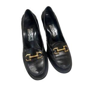 Black Ferragamo Leather‎ Block Heel Loafers With Gold Horse bit Accent 8.5